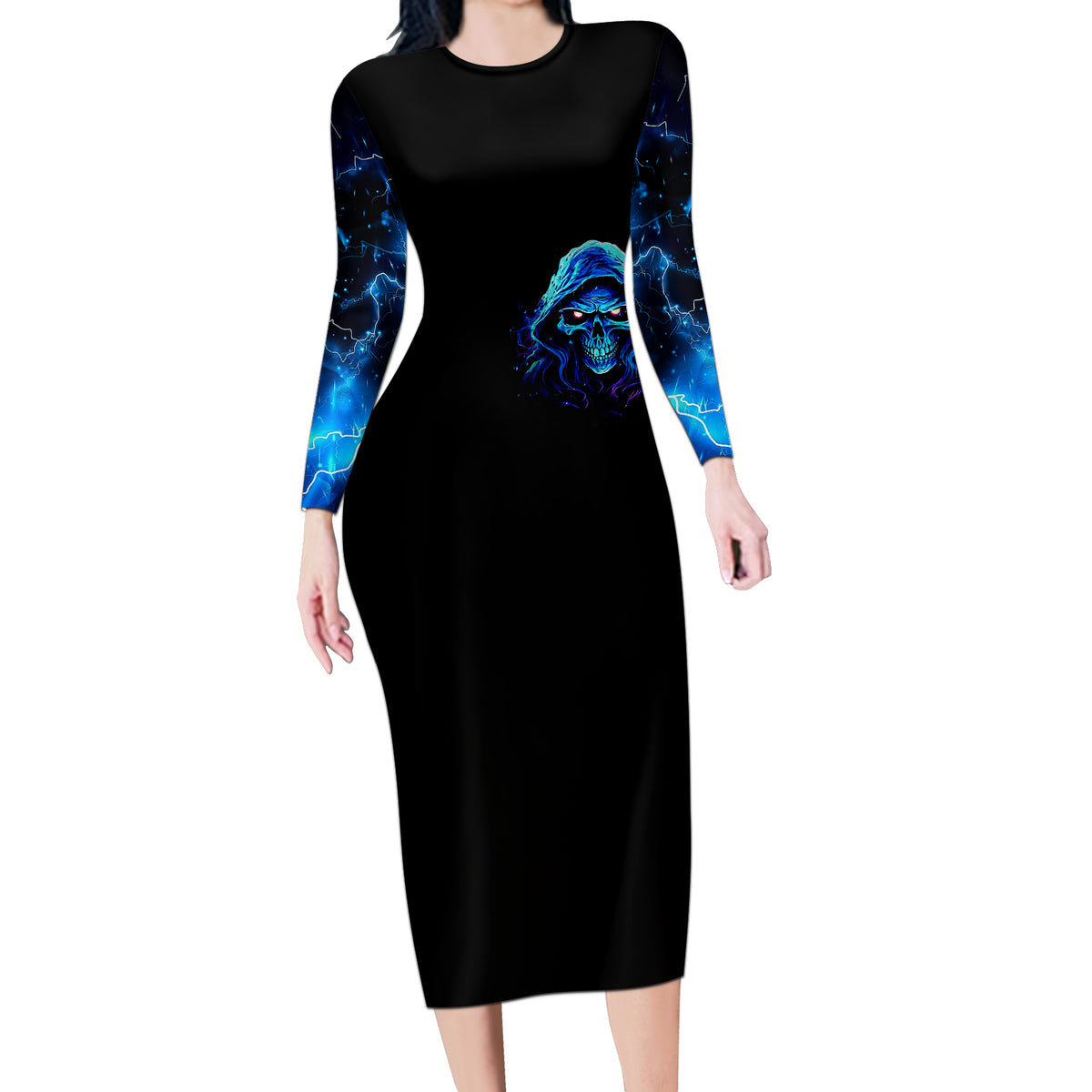 Blue Flame Skull Long Sleeve Bodycon Dress Blood Make You Related - Wonder Print Shop