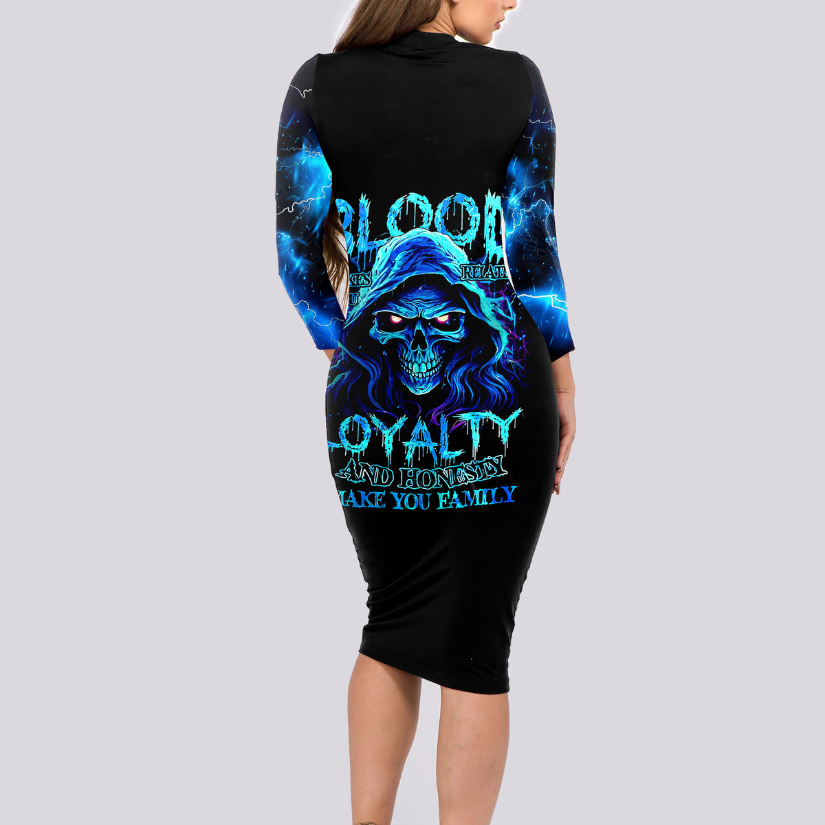 Blue Flame Skull Long Sleeve Bodycon Dress Blood Make You Related - Wonder Print Shop