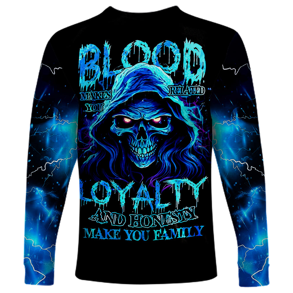 Blue Flame Skull Long Sleeve Shirt Blood Make You Related - Wonder Print Shop