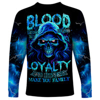 Blue Flame Skull Long Sleeve Shirt Blood Make You Related - Wonder Print Shop