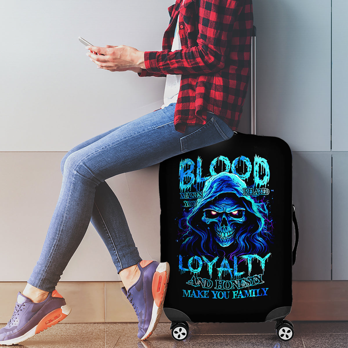 Blue Flame Skull Luggage Cover Blood Make You Related - Wonder Print Shop