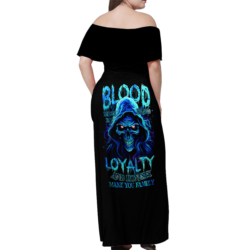 Blue Flame Skull Off Shoulder Maxi Dress Blood Make You Related - Wonder Print Shop