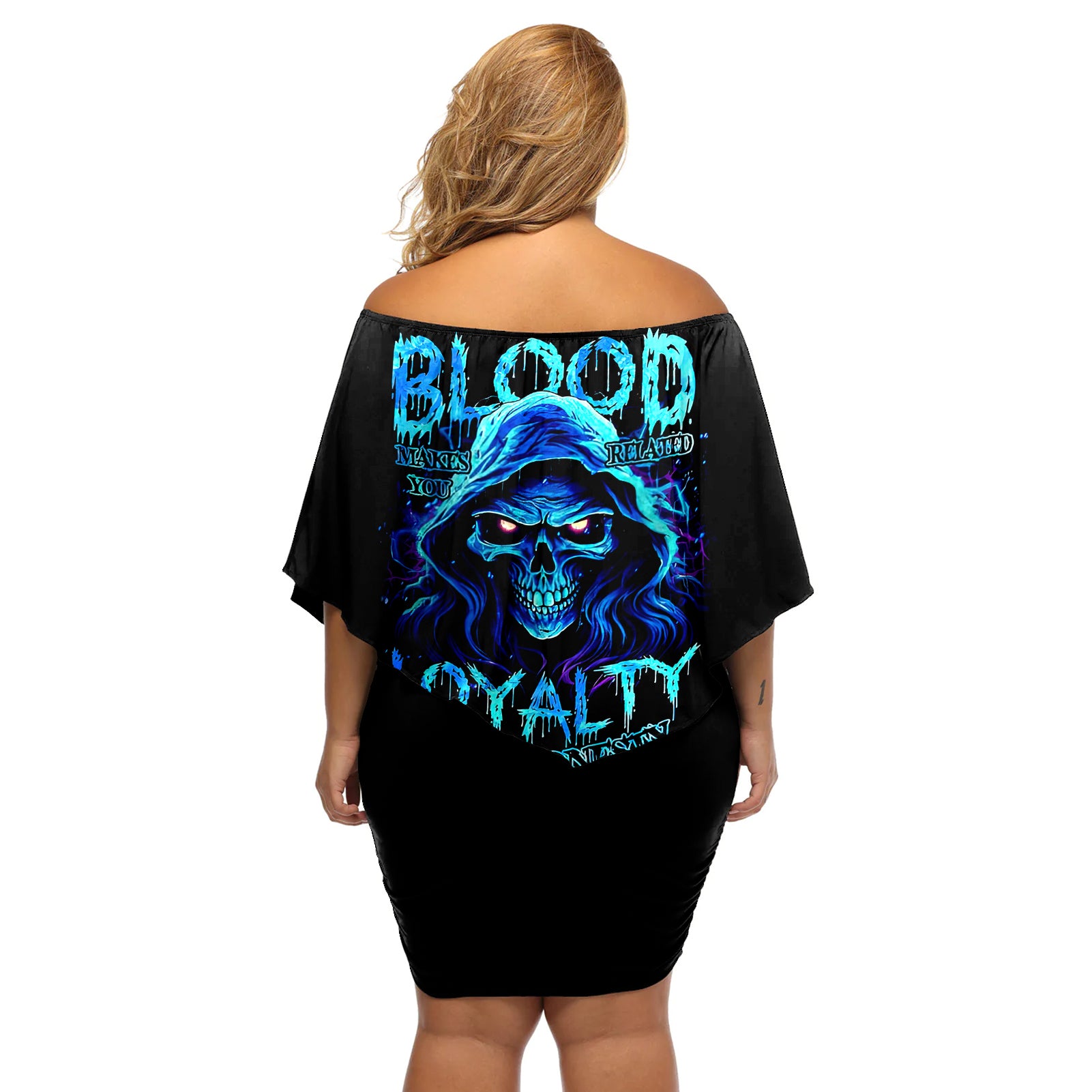 Blue Flame Skull Off Shoulder Short Dress Blood Make You Related - Wonder Print Shop