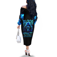 Blue Flame Skull Off The Shoulder Long Sleeve Dress Blood Make You Related - Wonder Print Shop