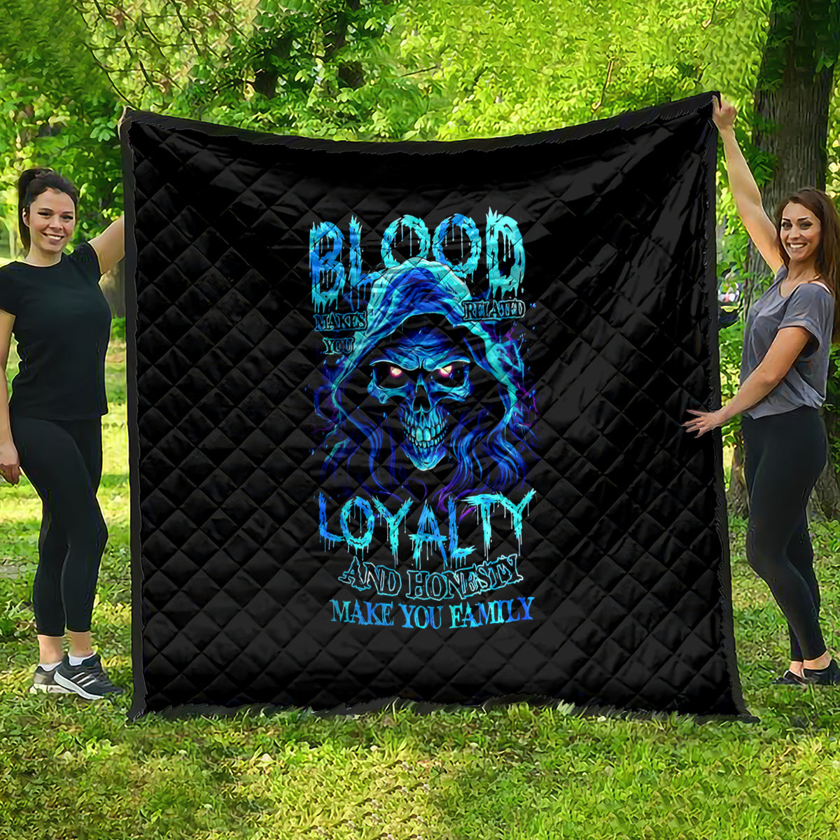 Blue Flame Skull Quilt Blood Make You Related - Wonder Print Shop