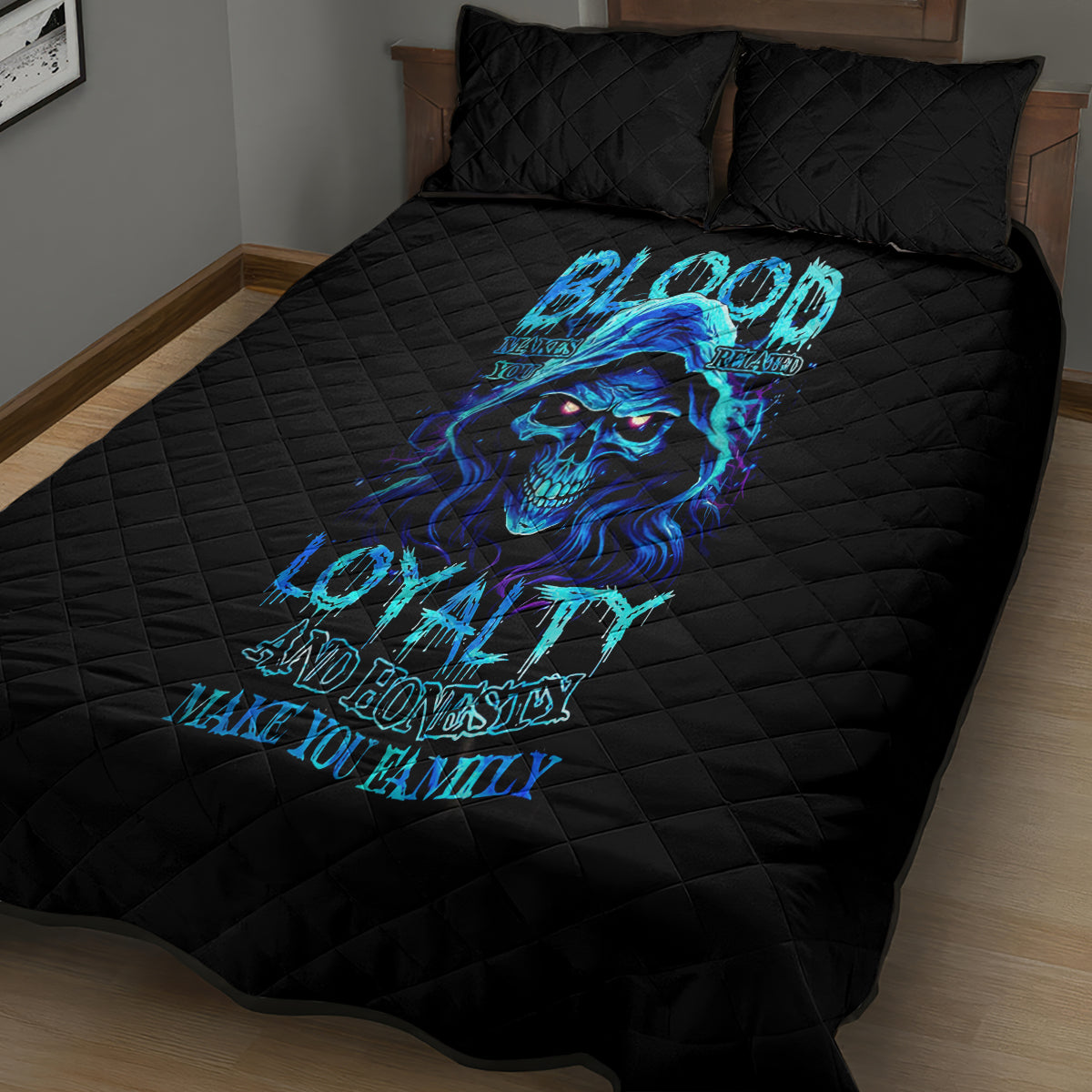 Blue Flame Skull Quilt Bed Set Blood Make You Related - Wonder Print Shop