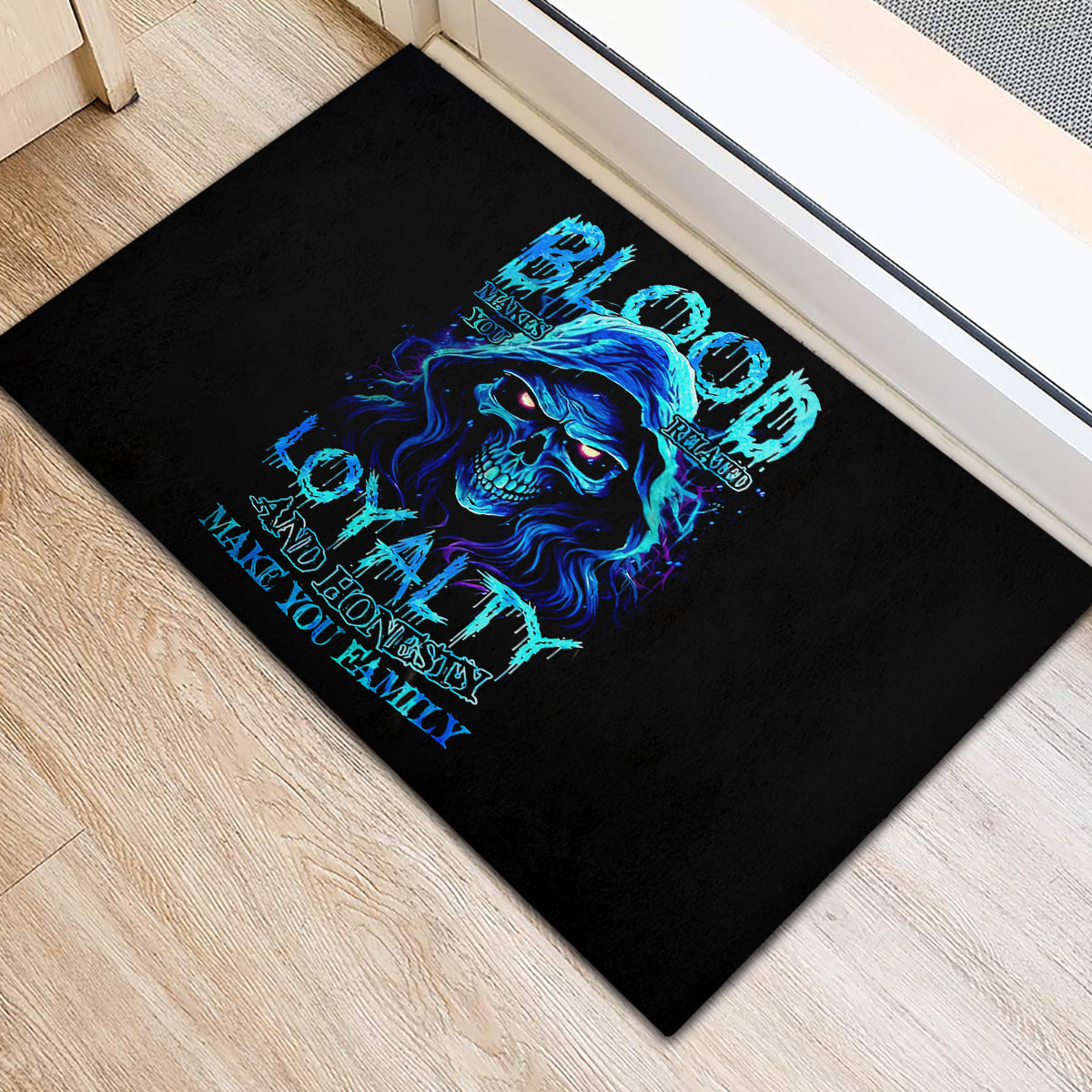 Blue Flame Skull Rubber Doormat Blood Make You Related - Wonder Print Shop