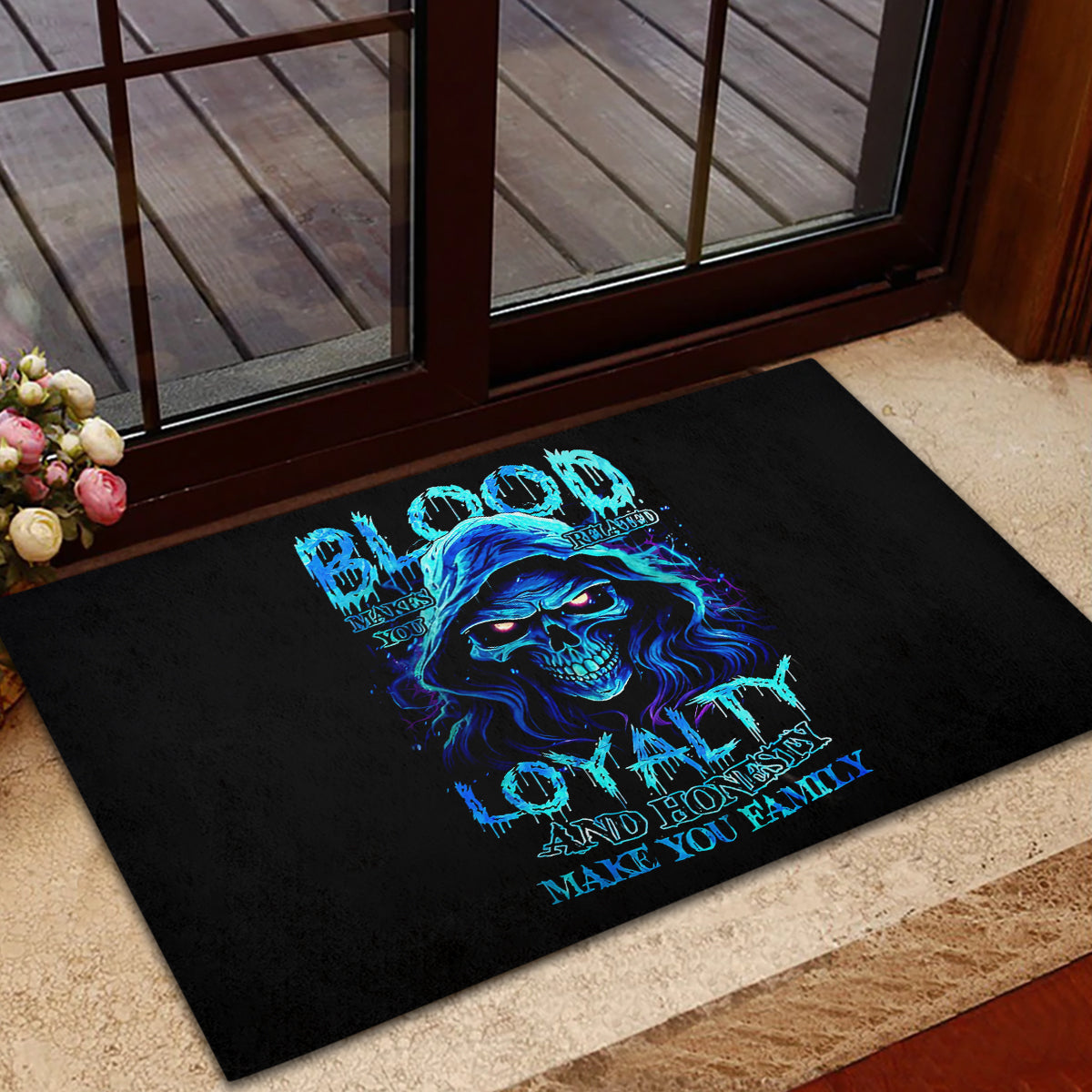 Blue Flame Skull Rubber Doormat Blood Make You Related - Wonder Print Shop
