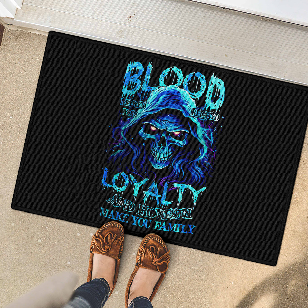 Blue Flame Skull Rubber Doormat Blood Make You Related - Wonder Print Shop