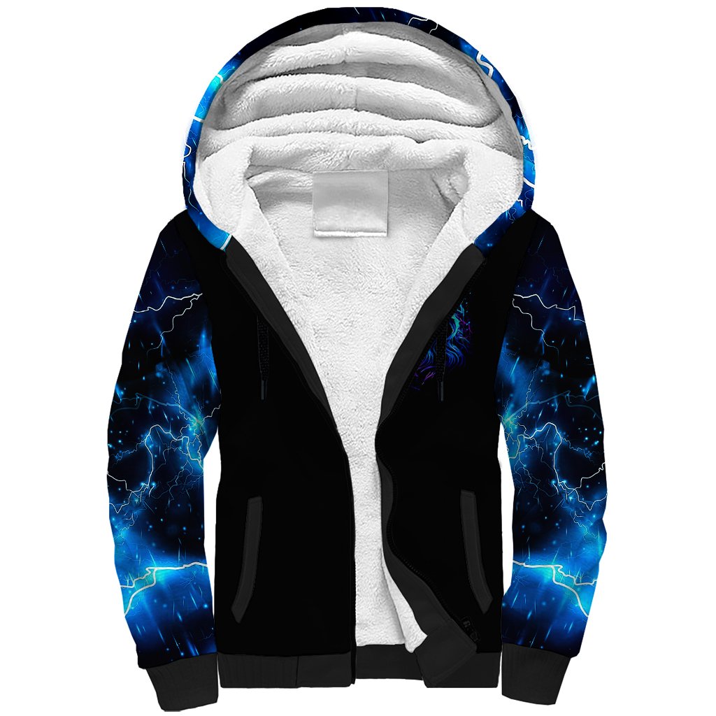 Unisex black sherpa hoodie with open hood showing white fleece lining and blue lightning sleeves