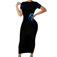 Black bodycon midi dress with short sleeves and blue skull graphic at center front.
