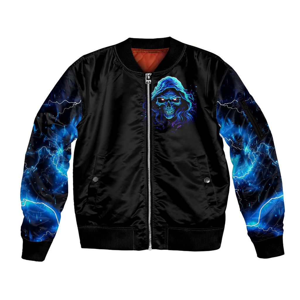Blue Flame Skull Sleeve Zip Bomber Jacket Blood Make You Related - Wonder Print Shop