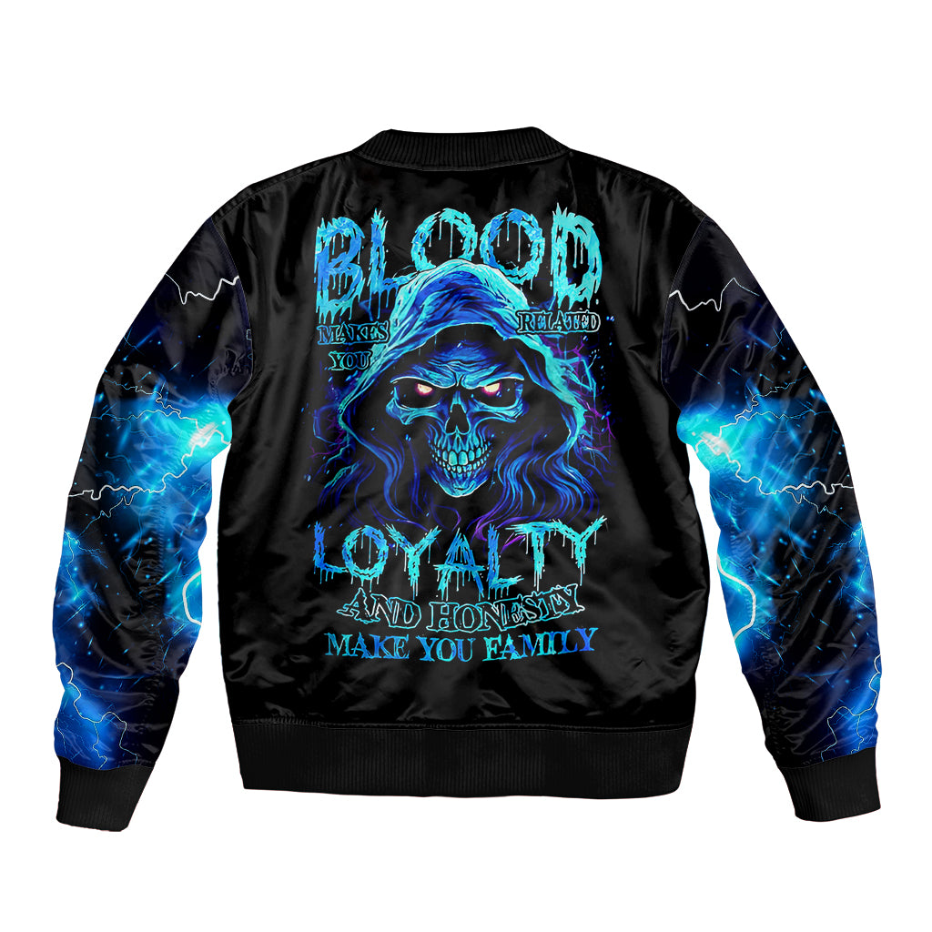 Blue Flame Skull Sleeve Zip Bomber Jacket Blood Make You Related - Wonder Print Shop