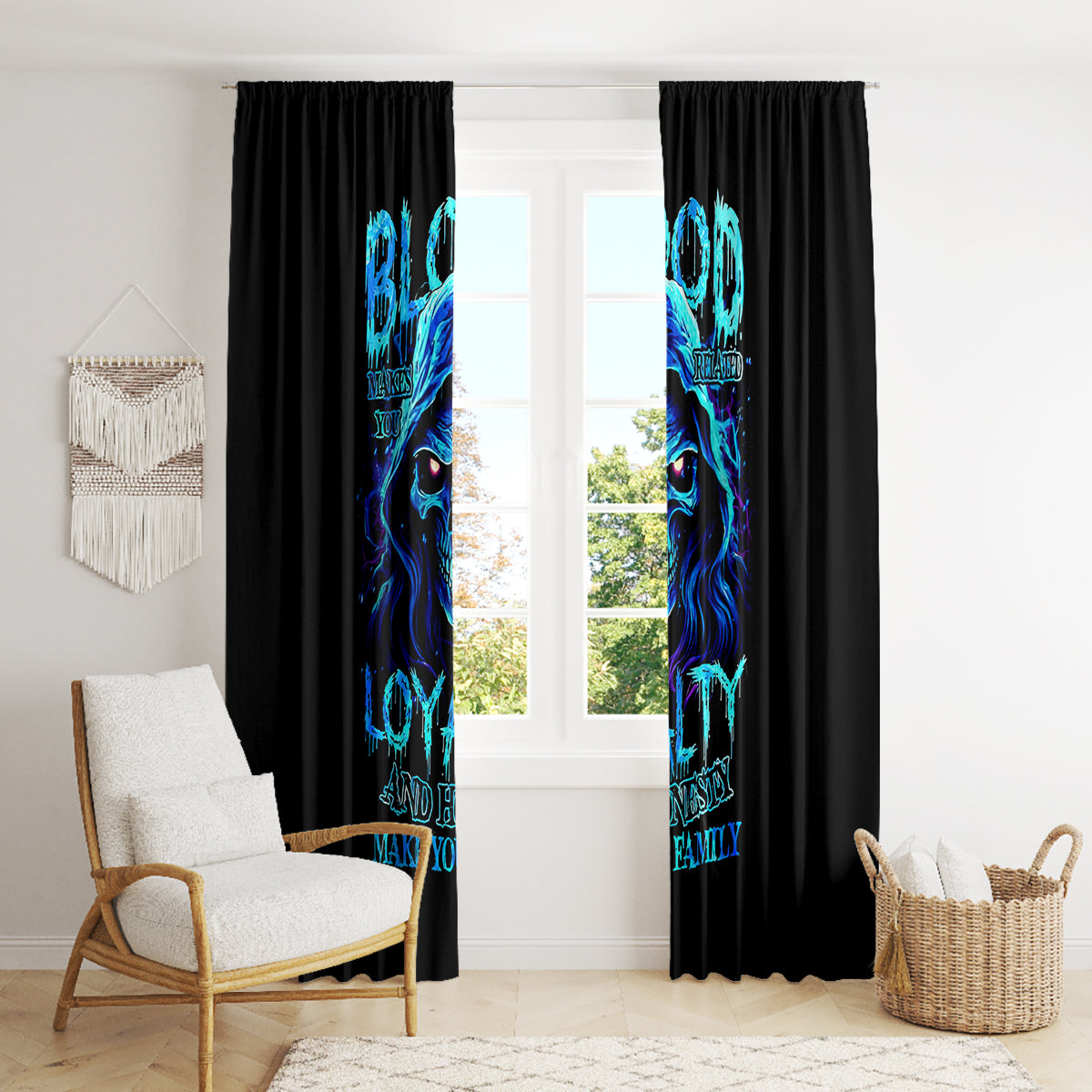 Blue Flame Skull Window Curtain Blood Make You Related - Wonder Print Shop