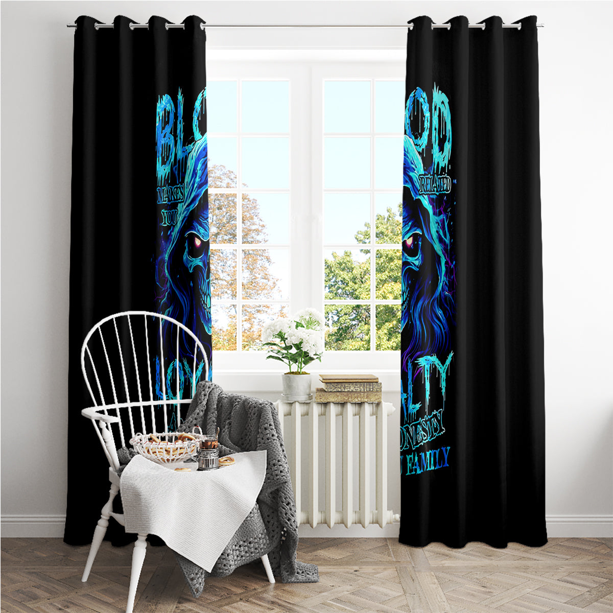 Blue Flame Skull Window Curtain Blood Make You Related - Wonder Print Shop