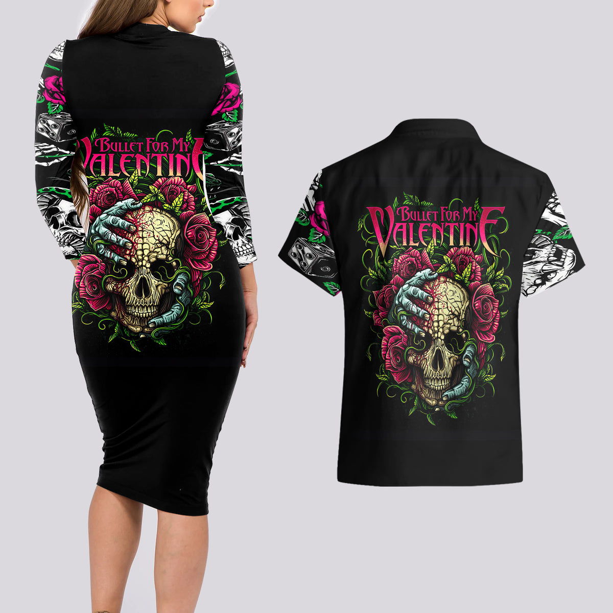 Viper Skull Couples Matching Long Sleeve Bodycon Dress and Hawaiian Shirt Bullet For My Valentine - Wonder Print Shop