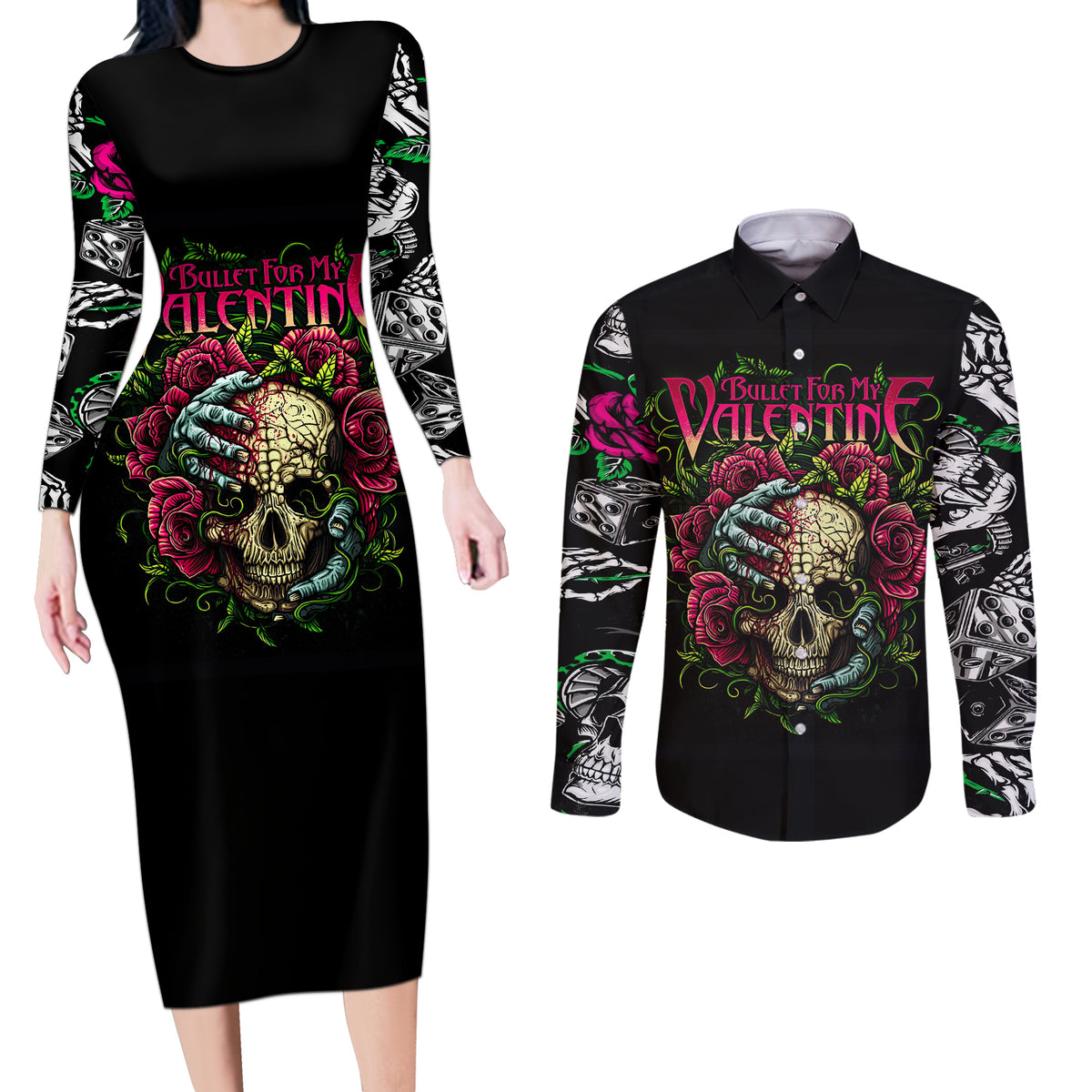 Viper Skull Couples Matching Long Sleeve Bodycon Dress and Long Sleeve Button Shirts Bullet For My Valentine - Wonder Print Shop