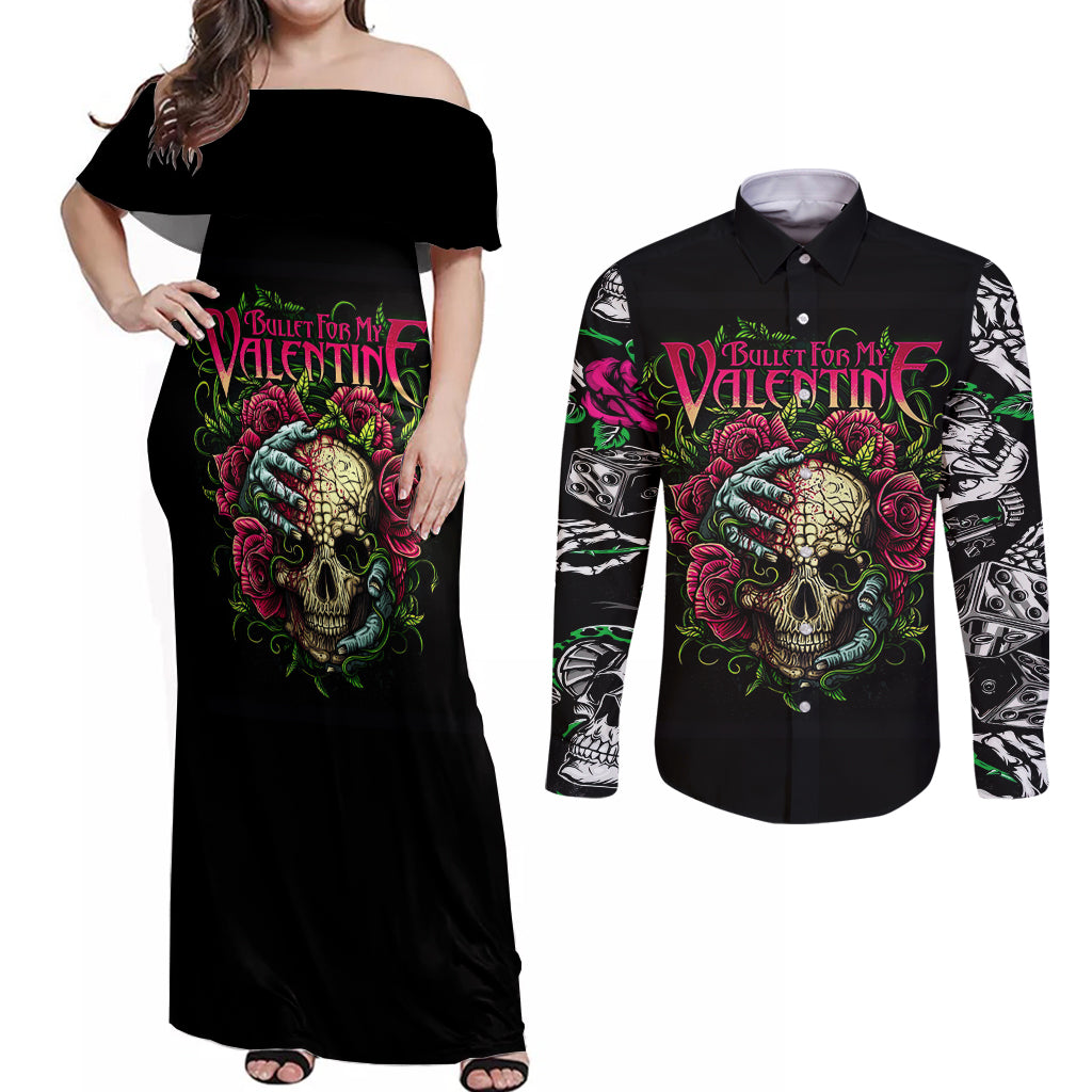 Viper Skull Couples Matching Off Shoulder Maxi Dress and Long Sleeve Button Shirts Bullet For My Valentine - Wonder Print Shop