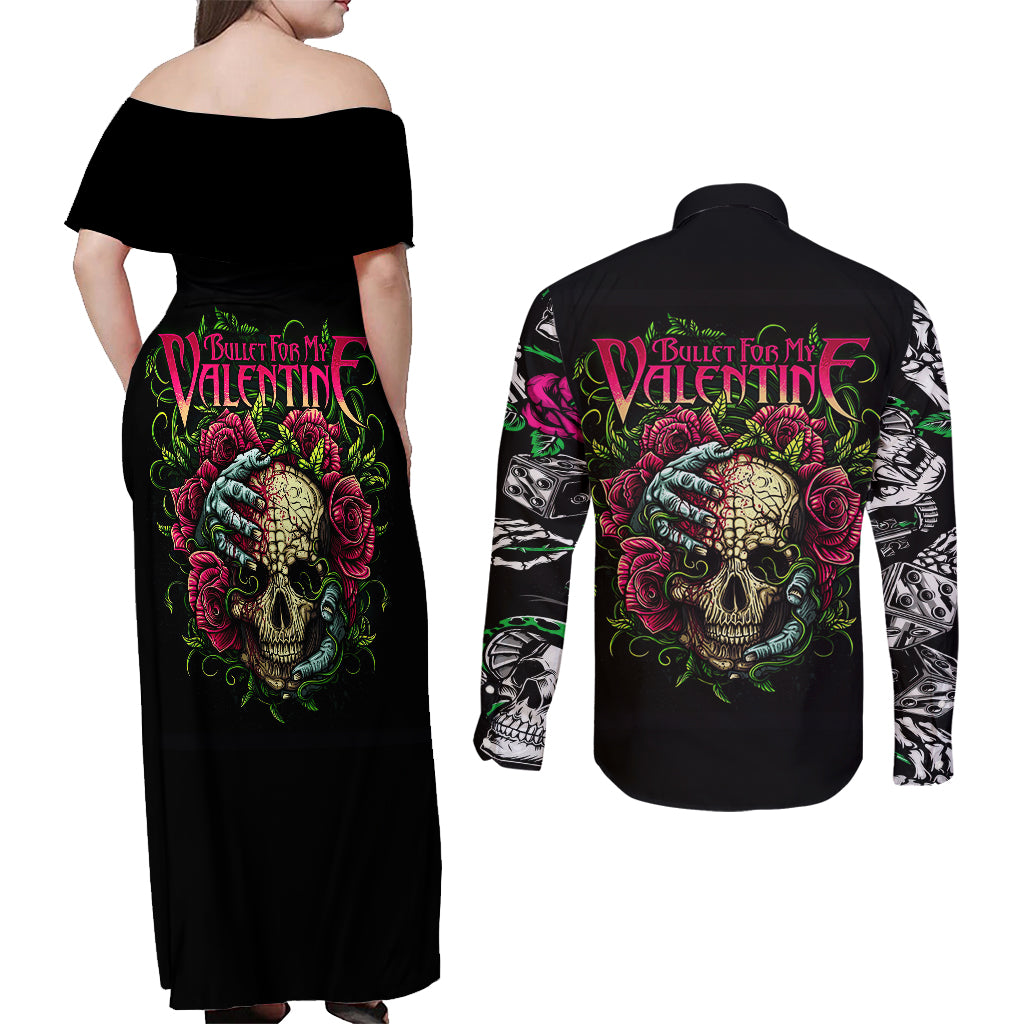 Viper Skull Couples Matching Off Shoulder Maxi Dress and Long Sleeve Button Shirts Bullet For My Valentine - Wonder Print Shop