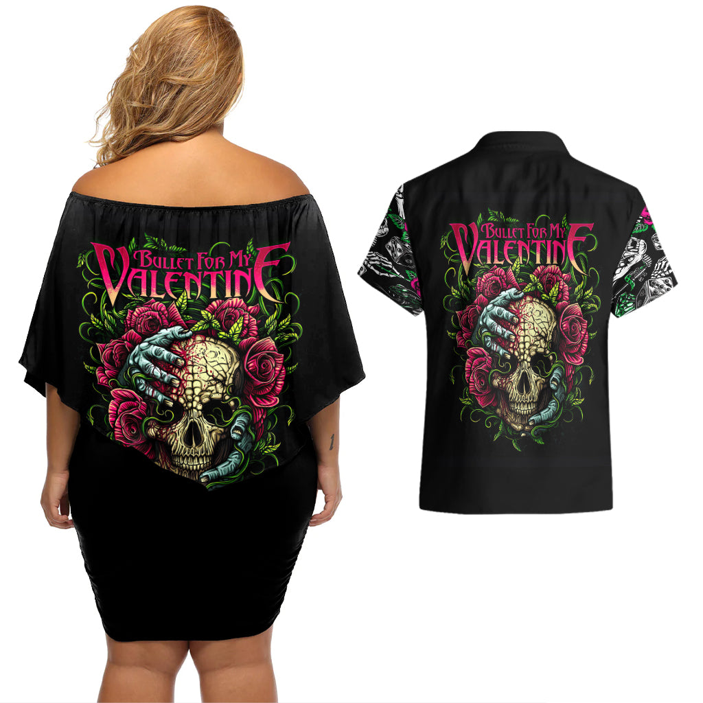Viper Skull Couples Matching Off Shoulder Short Dress and Hawaiian Shirt Bullet For My Valentine - Wonder Print Shop