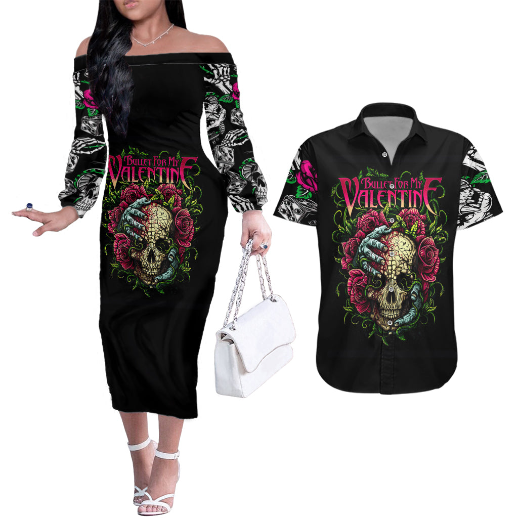 Viper Skull Couples Matching Off The Shoulder Long Sleeve Dress and Hawaiian Shirt Bullet For My Valentine - Wonder Print Shop