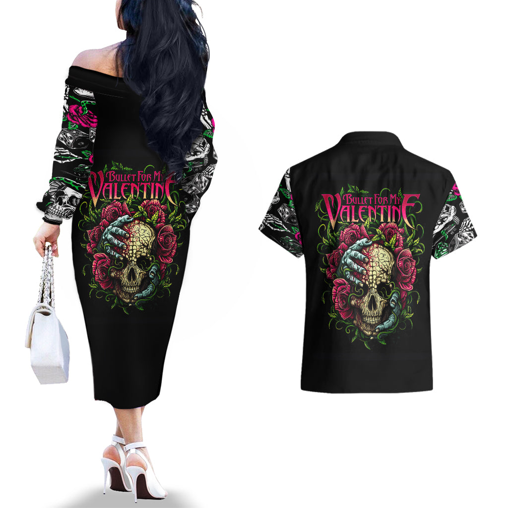 Viper Skull Couples Matching Off The Shoulder Long Sleeve Dress and Hawaiian Shirt Bullet For My Valentine - Wonder Print Shop