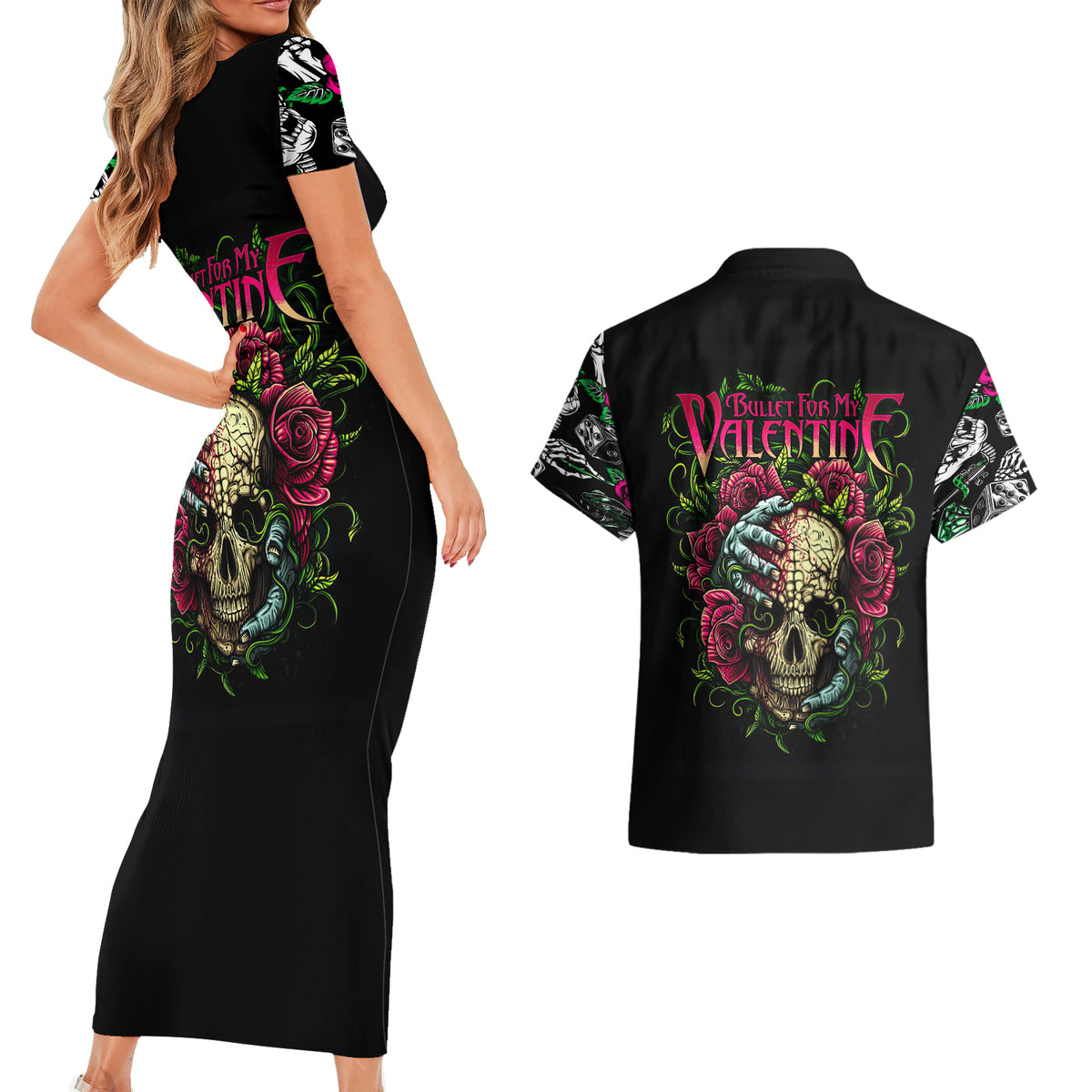 Viper Skull Couples Matching Short Sleeve Bodycon Dress and Hawaiian Shirt Bullet For My Valentine - Wonder Print Shop