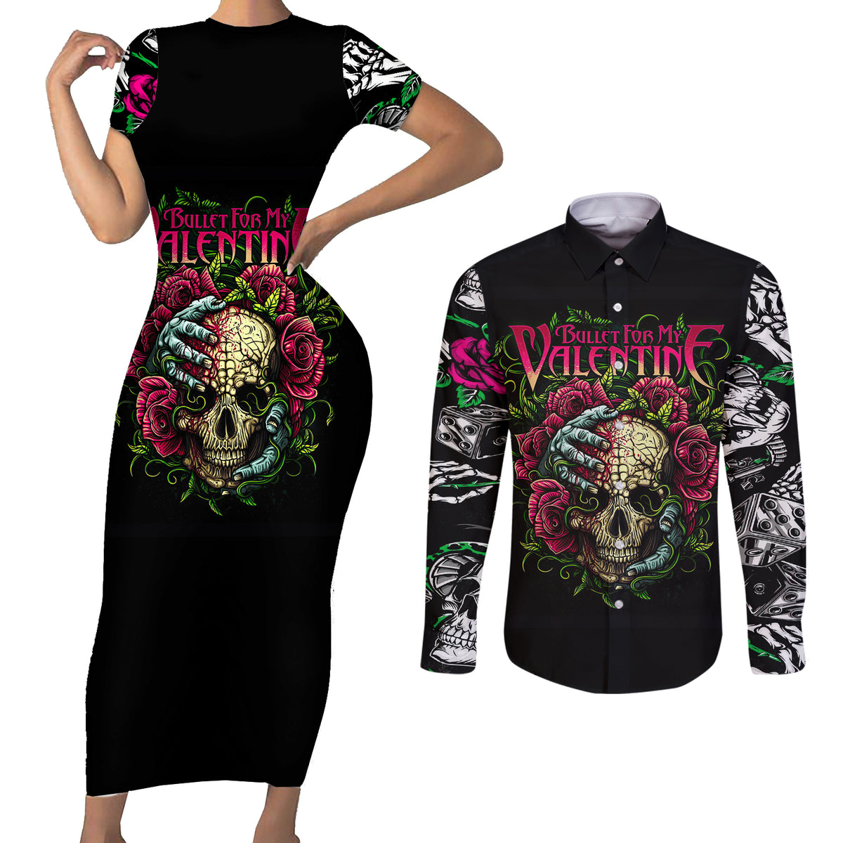 Viper Skull Couples Matching Short Sleeve Bodycon Dress and Long Sleeve Button Shirts Bullet For My Valentine - Wonder Print Shop