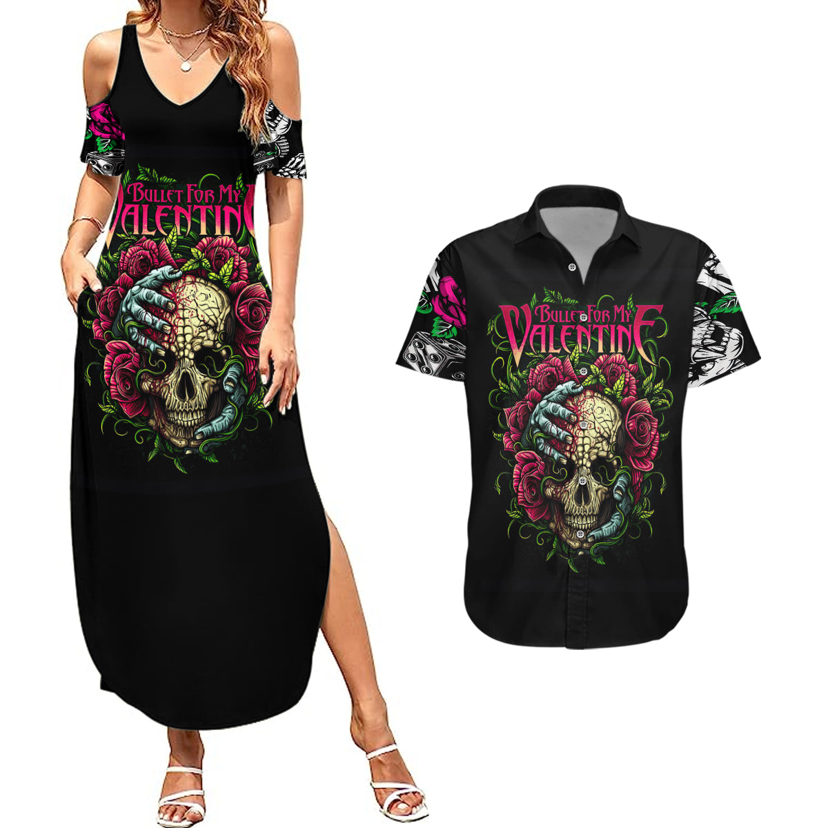 Viper Skull Couples Matching Summer Maxi Dress and Hawaiian Shirt Bullet For My Valentine - Wonder Print Shop