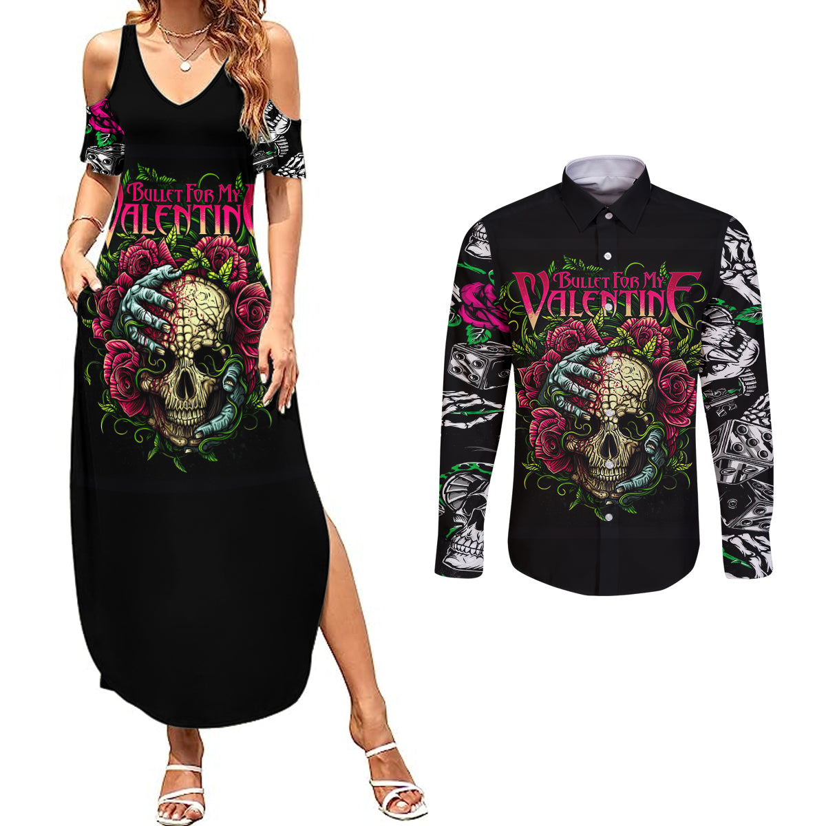 Viper Skull Couples Matching Summer Maxi Dress and Long Sleeve Button Shirts Bullet For My Valentine - Wonder Print Shop