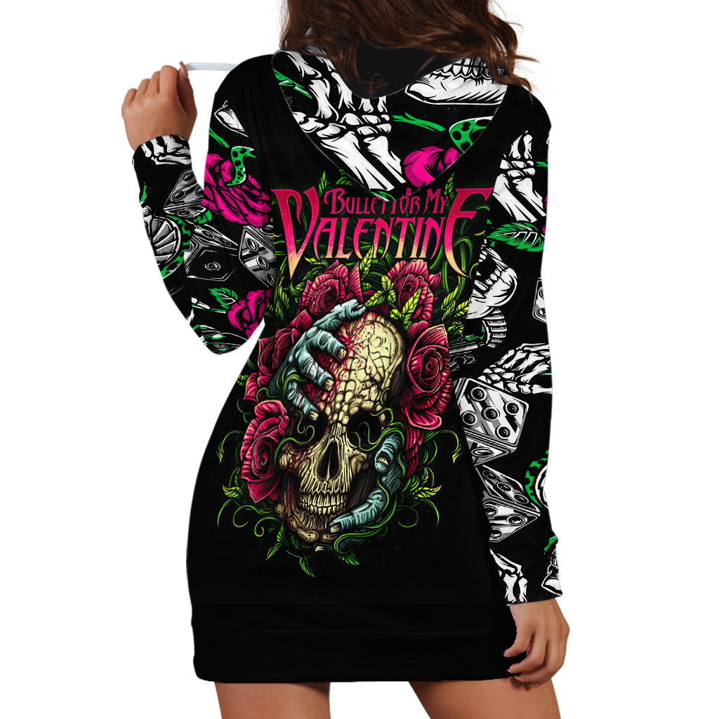 Black skull hoodie dress back view, large multicolor graphic, long sleeves, hood