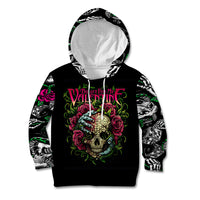 Black pullover hoodie with skull-and-rose graphic, dice/skull pattern sleeves, hood