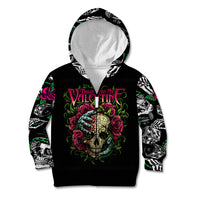 Black pullover hoodie with skull-and-rose graphic, light gray hood lining, dice skull sleeves