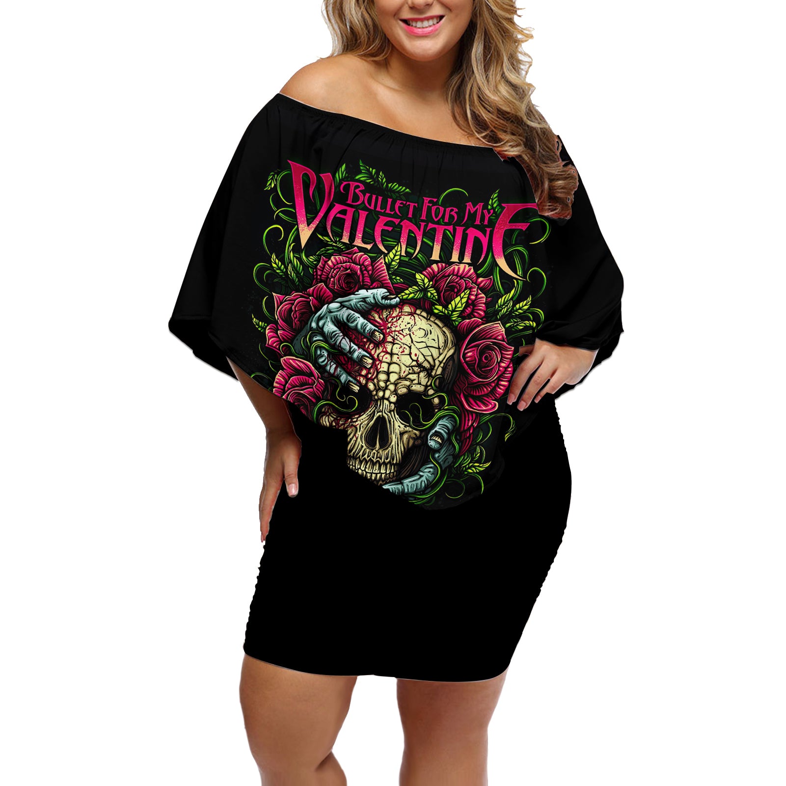 Viper Skull Off Shoulder Short Dress Bullet For My Valentine - Wonder Print Shop