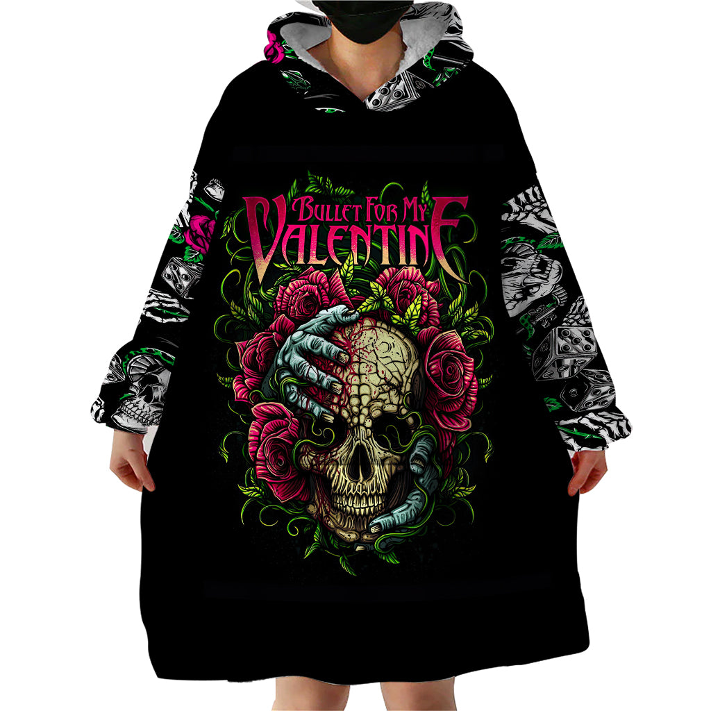 Black wearable hoodie blanket with large front skull-and-rose graphic and roomy hood.