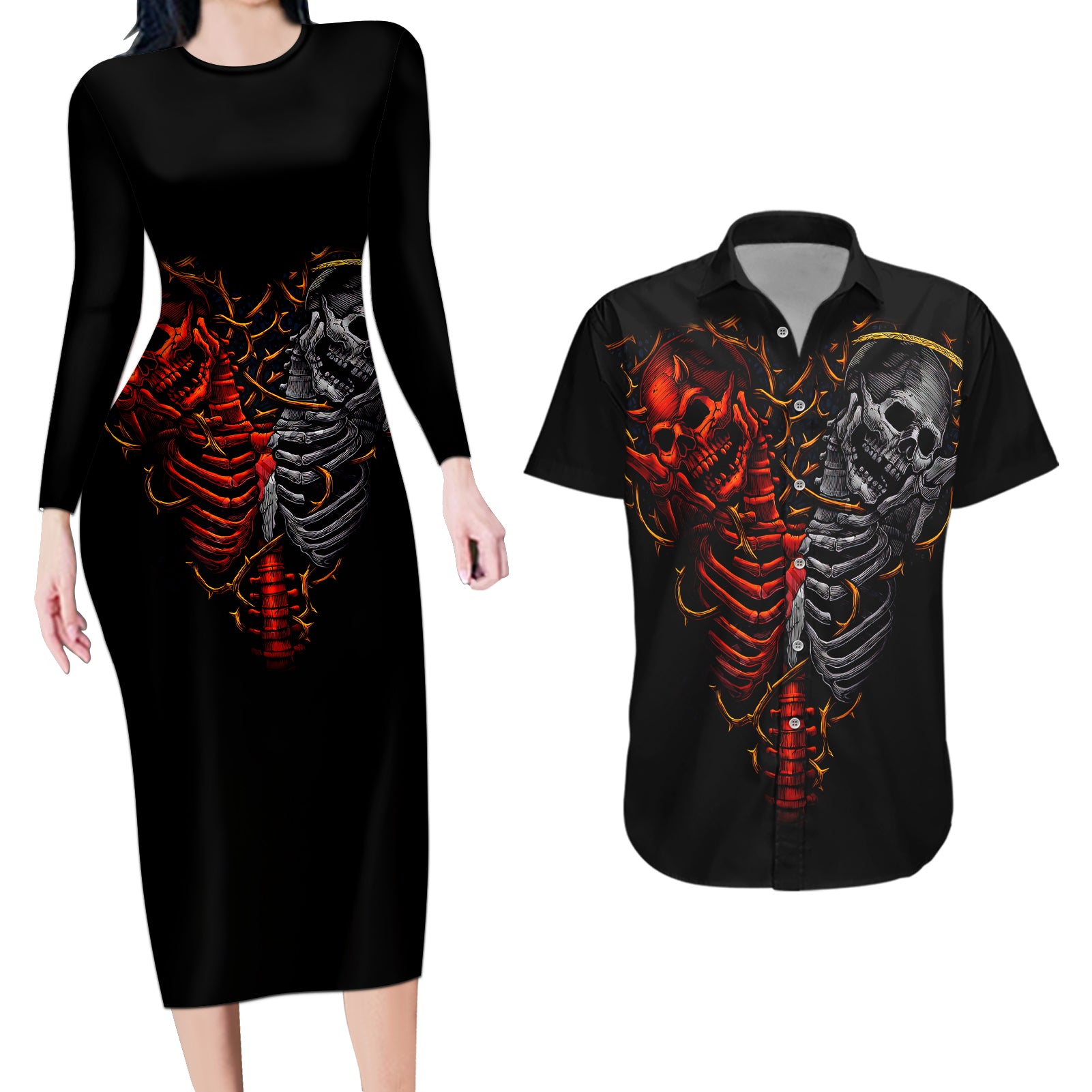 Skull Couples Matching Long Sleeve Bodycon Dress and Hawaiian Shirt Devil And Angel Twin Skull - Wonder Print Shop