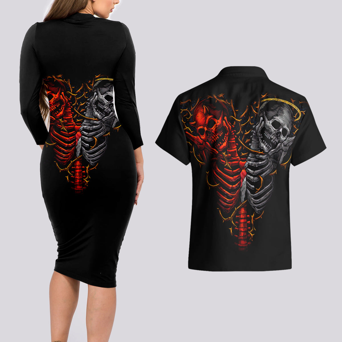 Skull Couples Matching Long Sleeve Bodycon Dress and Hawaiian Shirt Devil And Angel Twin Skull - Wonder Print Shop