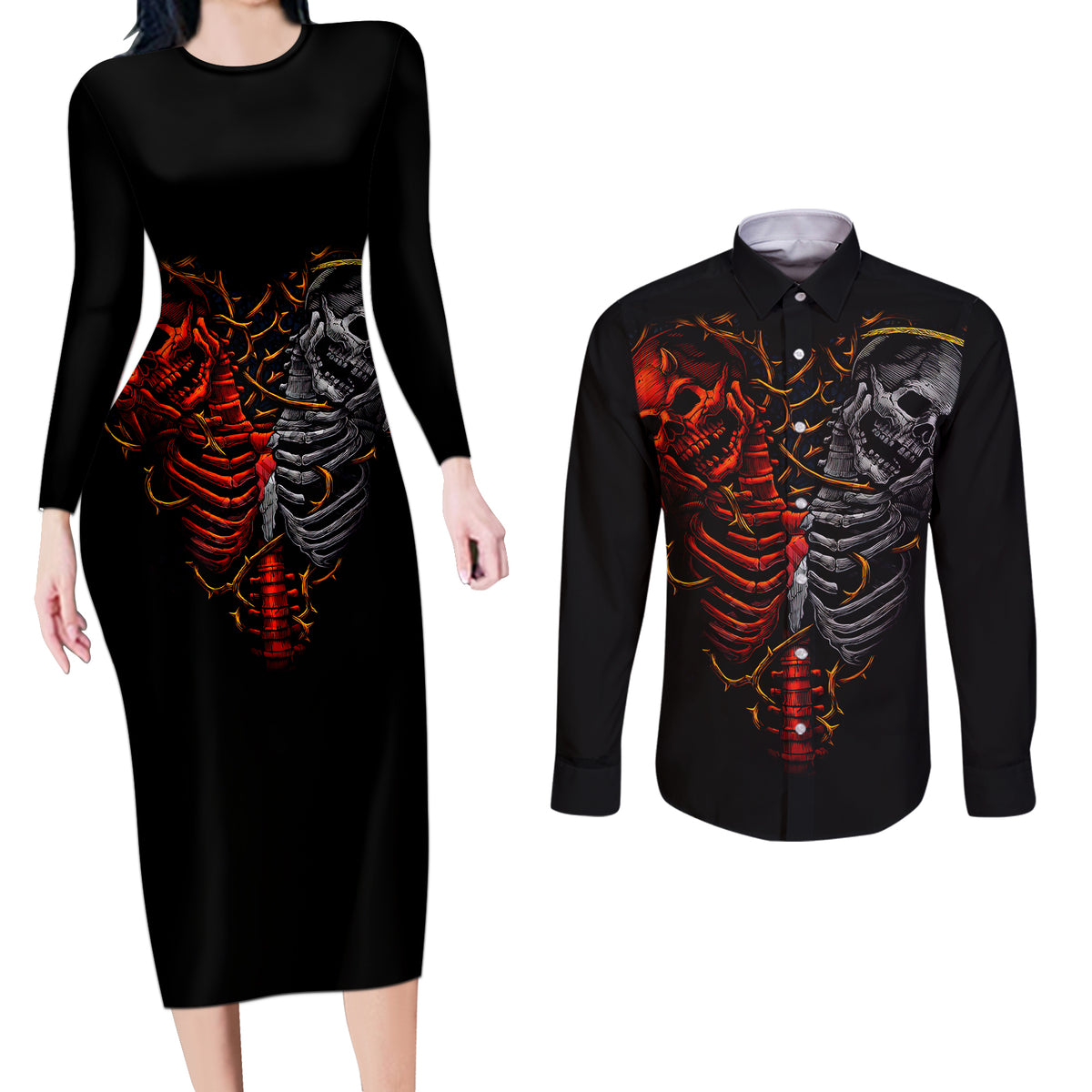 Skull Couples Matching Long Sleeve Bodycon Dress and Long Sleeve Button Shirts Devil And Angel Twin Skull - Wonder Print Shop
