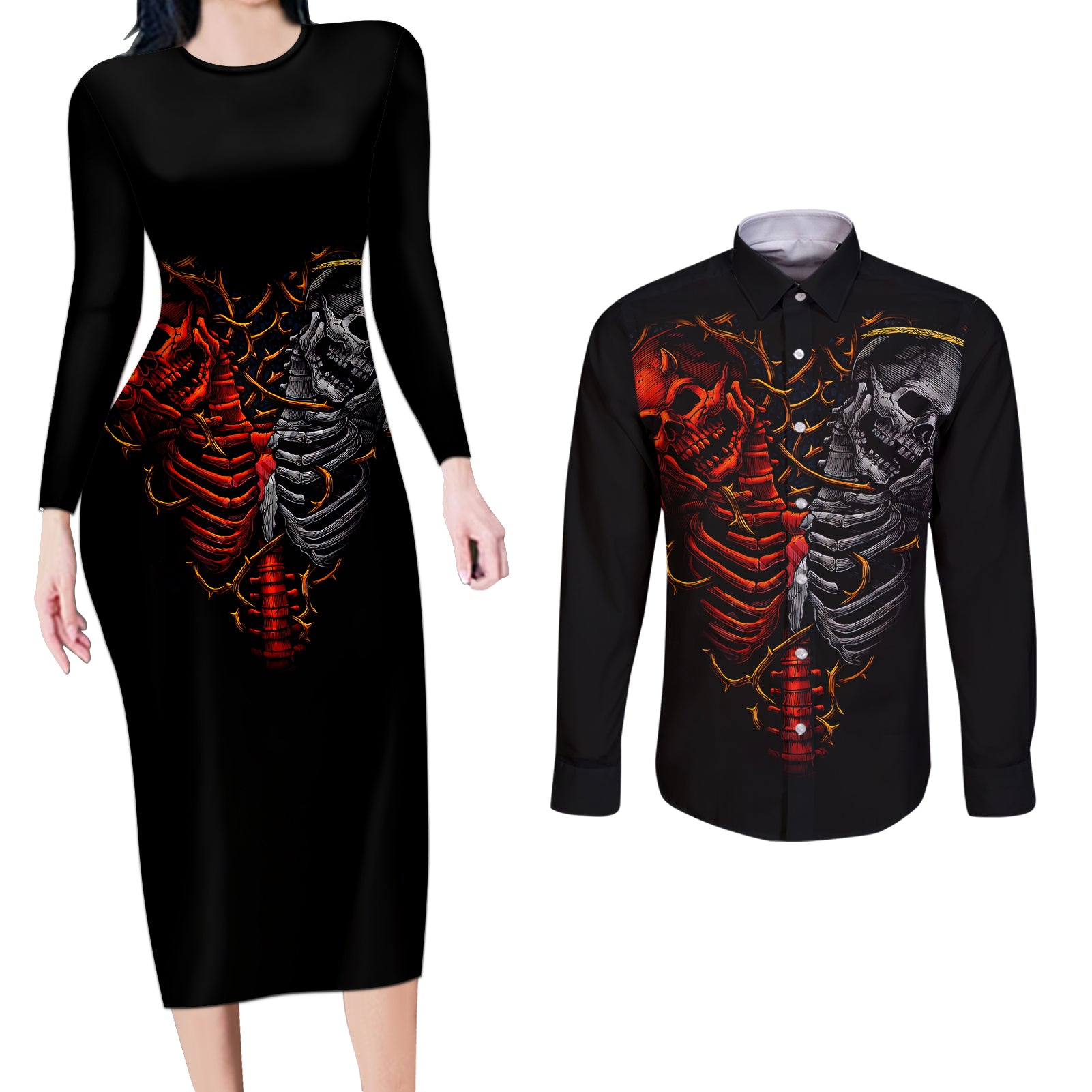 Skull Couples Matching Long Sleeve Bodycon Dress and Long Sleeve Button Shirts Devil And Angel Twin Skull - Wonder Print Shop