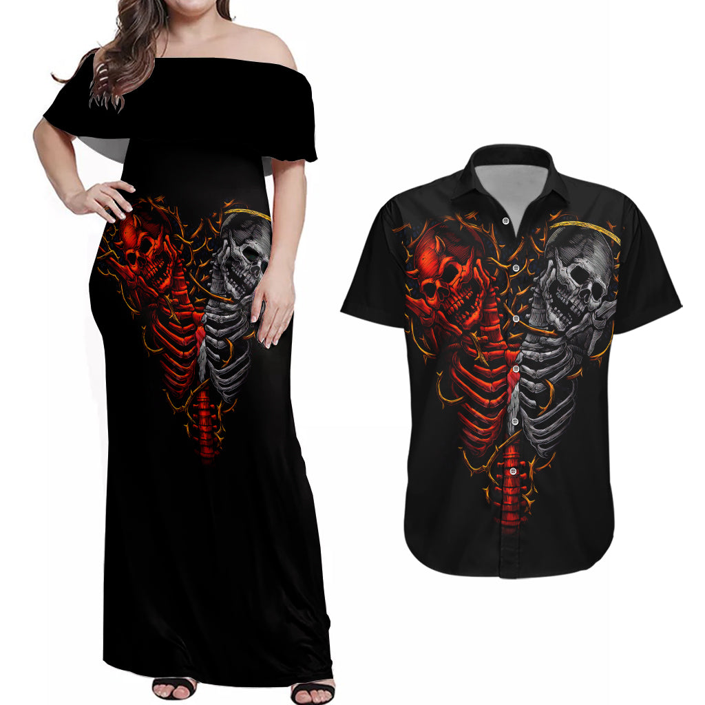 Skull Couples Matching Off Shoulder Maxi Dress and Hawaiian Shirt Devil And Angel Twin Skull - Wonder Print Shop