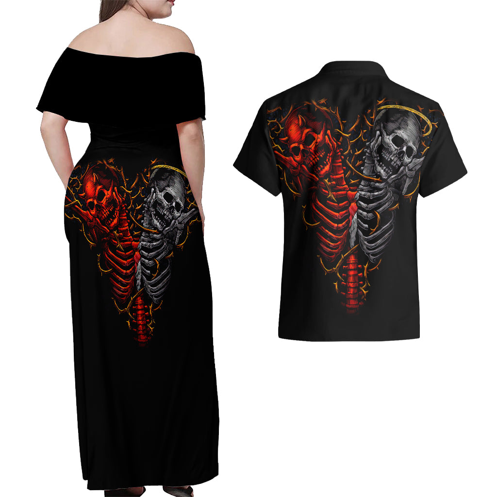 Skull Couples Matching Off Shoulder Maxi Dress and Hawaiian Shirt Devil And Angel Twin Skull - Wonder Print Shop