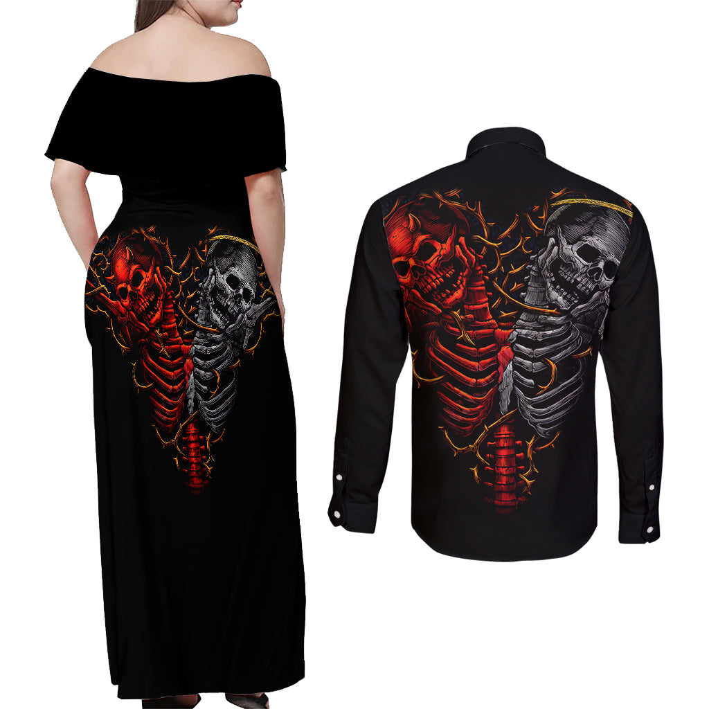Skull Couples Matching Off Shoulder Maxi Dress and Long Sleeve Button Shirts Devil And Angel Twin Skull - Wonder Print Shop