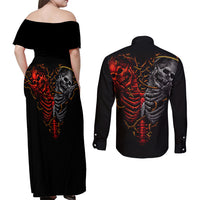 Skull Couples Matching Off Shoulder Maxi Dress and Long Sleeve Button Shirts Devil And Angel Twin Skull - Wonder Print Shop