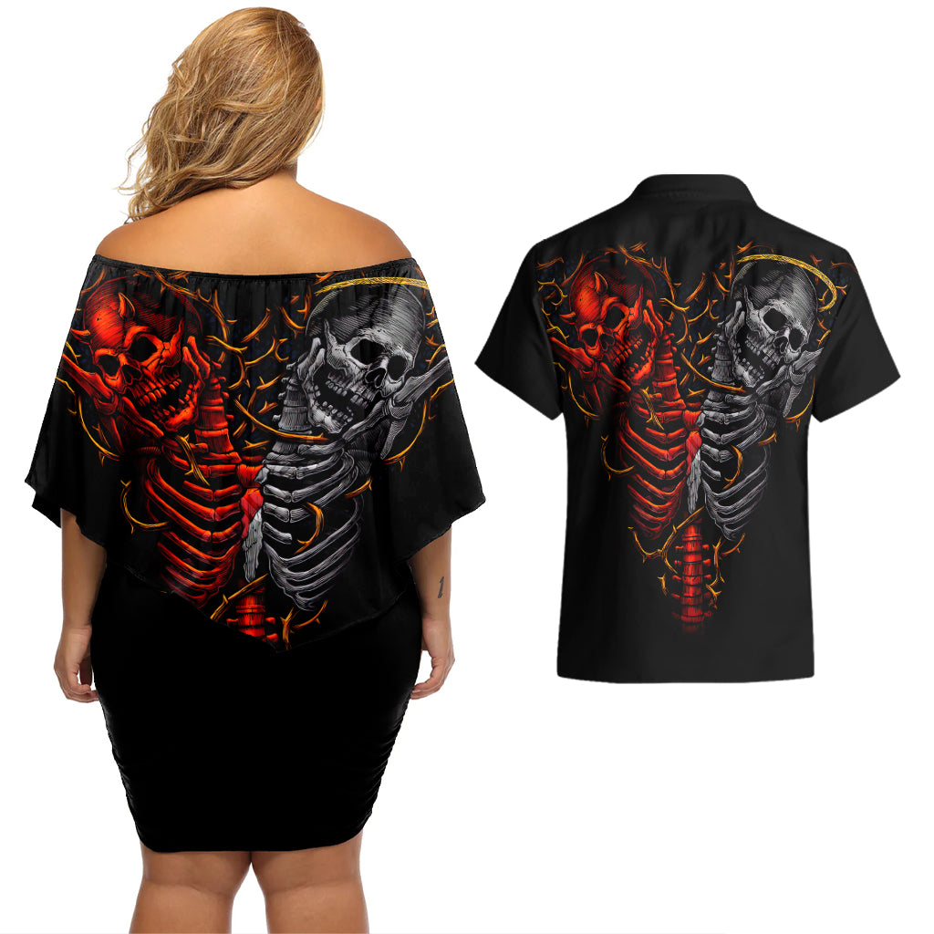 Skull Couples Matching Off Shoulder Short Dress and Hawaiian Shirt Devil And Angel Twin Skull - Wonder Print Shop