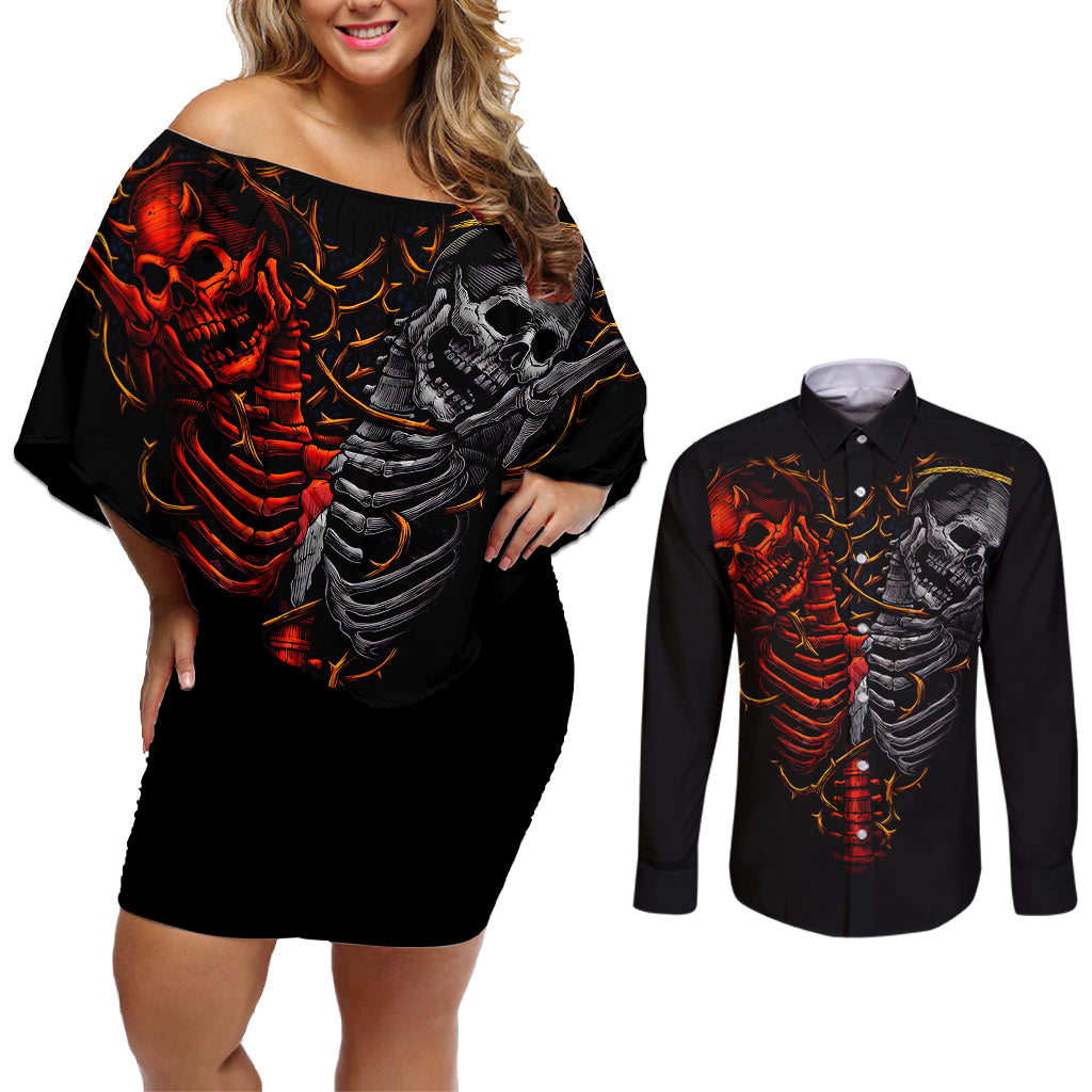Skull Couples Matching Off Shoulder Short Dress and Long Sleeve Button Shirts Devil And Angel Twin Skull - Wonder Print Shop