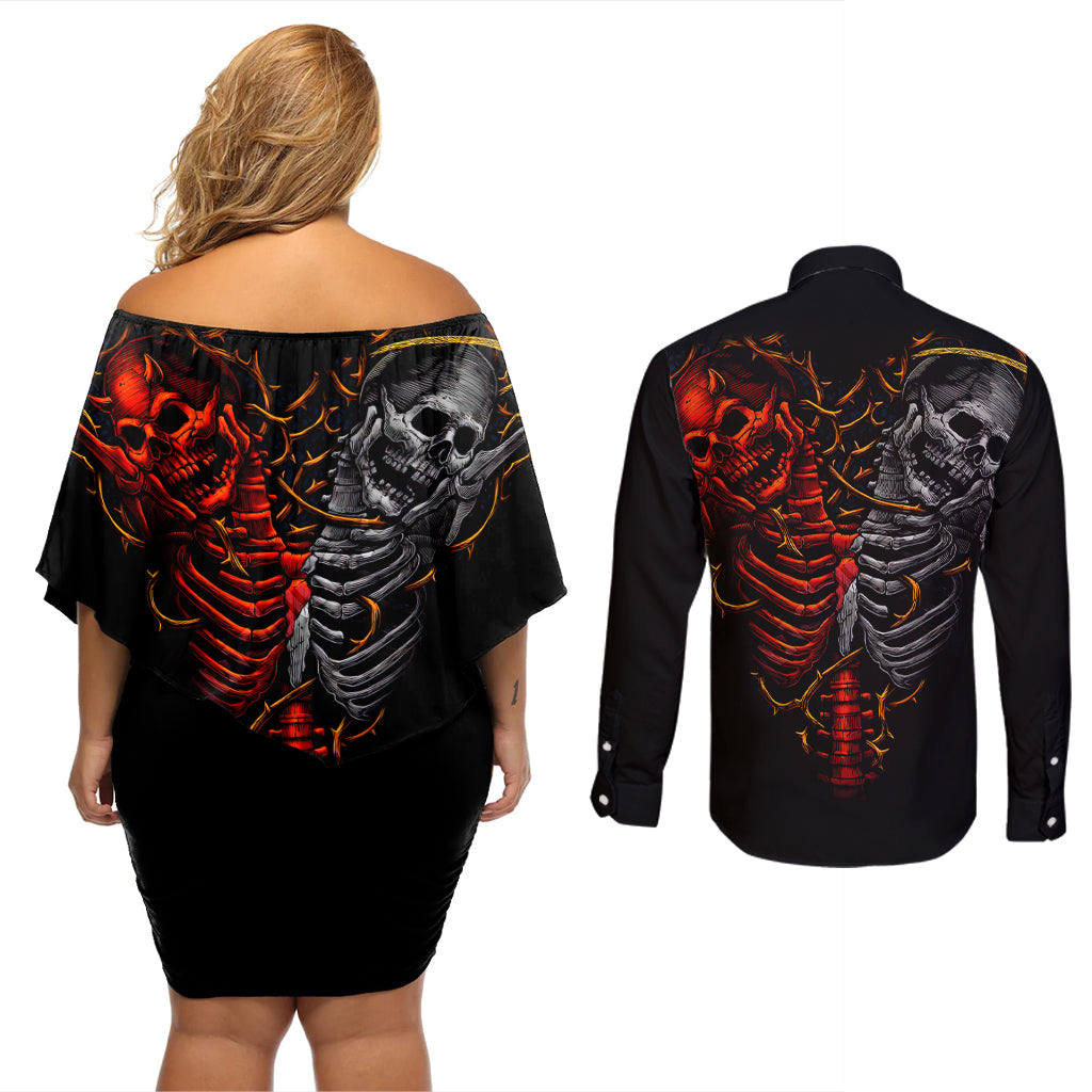 Skull Couples Matching Off Shoulder Short Dress and Long Sleeve Button Shirts Devil And Angel Twin Skull - Wonder Print Shop