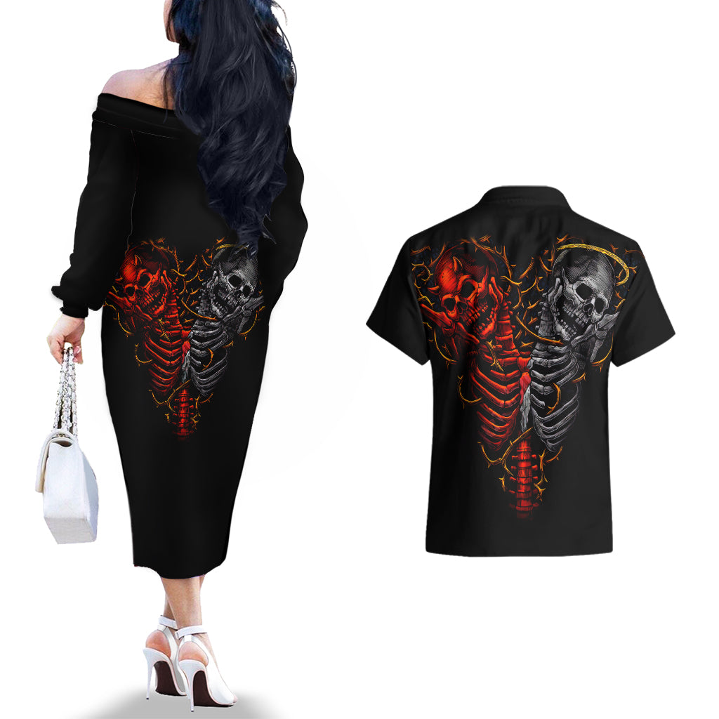Skull Couples Matching Off The Shoulder Long Sleeve Dress and Hawaiian Shirt Devil And Angel Twin Skull - Wonder Print Shop