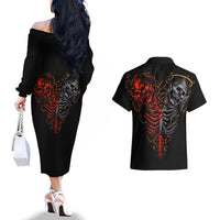 Skull Couples Matching Off The Shoulder Long Sleeve Dress and Hawaiian Shirt Devil And Angel Twin Skull - Wonder Print Shop
