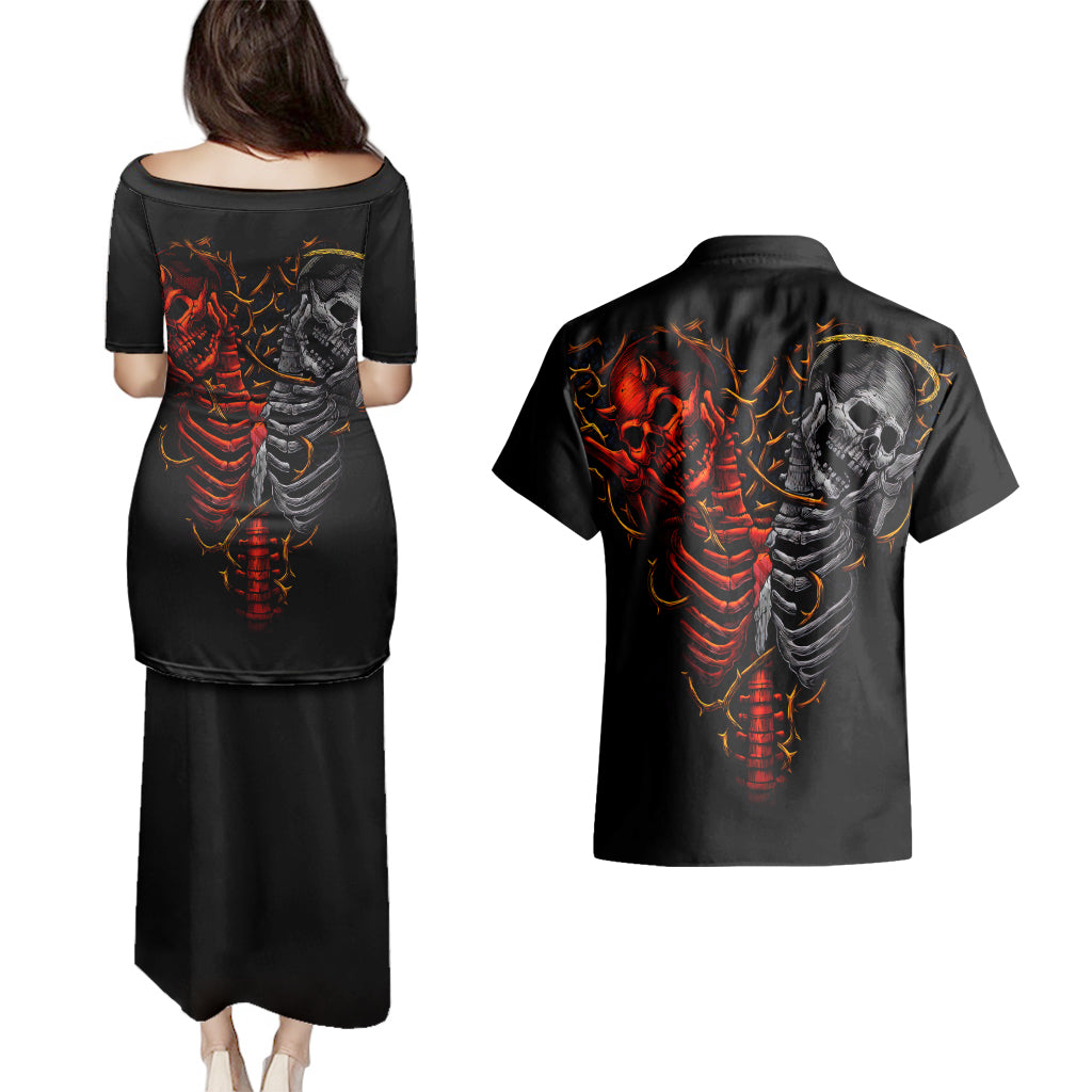 Skull Couples Matching Puletasi Dress and Hawaiian Shirt Devil And Angel Twin Skull - Wonder Print Shop