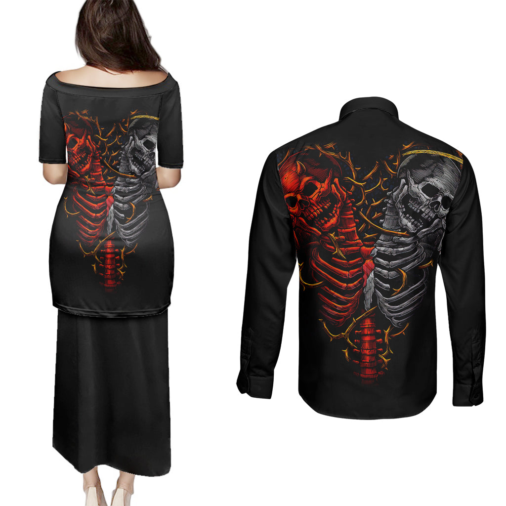 Skull Couples Matching Puletasi Dress and Long Sleeve Button Shirts Devil And Angel Twin Skull - Wonder Print Shop
